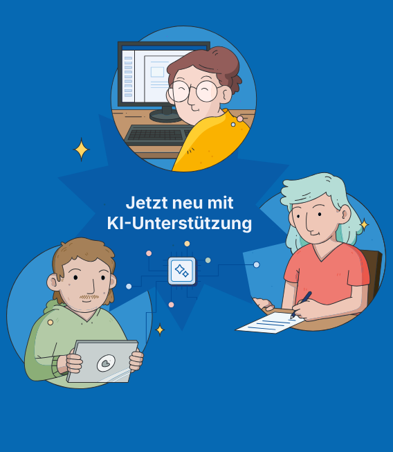 Grafik mit 3 Menschen mit einem iPad in der Hand