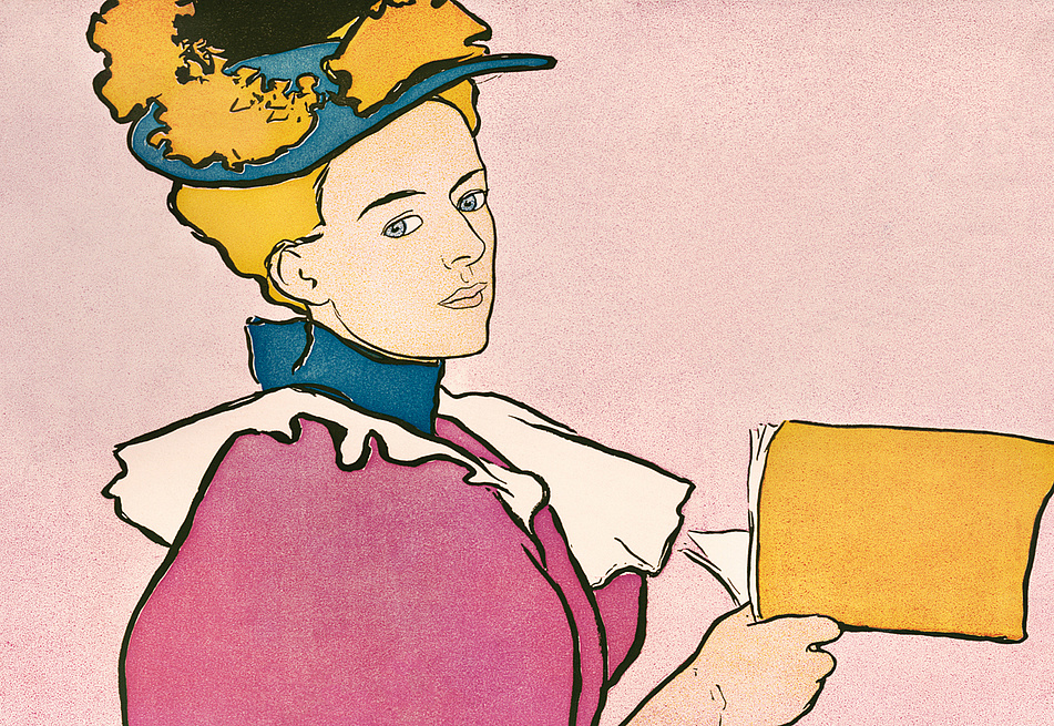 Bild einer Frau mit einem großen Hut und einem Buch in der Hand