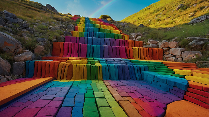 Eine steinerne Treppe in Regenbogenfarben