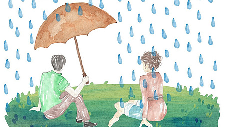 Es regnet, ein Mann und eine Frau sitzen im Gras. Er hält den Regenschirm über sich, sie sitzt im Regen (Bild von Rosy auf Pixabay)