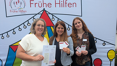 Drei Frauen stehen vor einem großen Banner mit der Aufschrift Frühe Hilfen zusammen und zeigen Flyer in die Kamera.