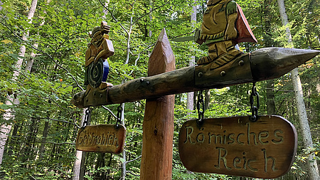 Ein Wegweiser in einem Wald.