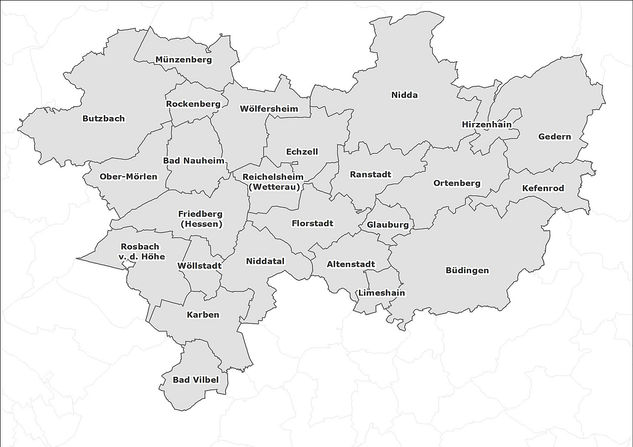 Altenstadt, Bad Nauheim, Bad Vilbel, Büdingen, Butzbach, Echzell, Florstadt, Friedberg (Hessen), Gedern, Glauburg, Hirzenhain, Karben, Kefenrod, Limeshain, Münzenberg, Nidda, Niddatal, Ober-Mörlen, Ortenberg, Ranstadt, Reichelsheim (Wetterau), Rockenberg, Rosbach v. d. Höhe, Wölfersheim, Wöllstadt