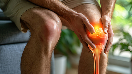 Ein schmerzendes Knie wird von beiden Händen gehalten. KI-generiert erkennt man den Innenaufbau des Knies. (Bildquelle: Vilkasss auf Pixabay)