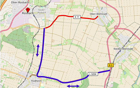 Die gesperrte Strecke und die Umleitungsstrecke auf der Karte.