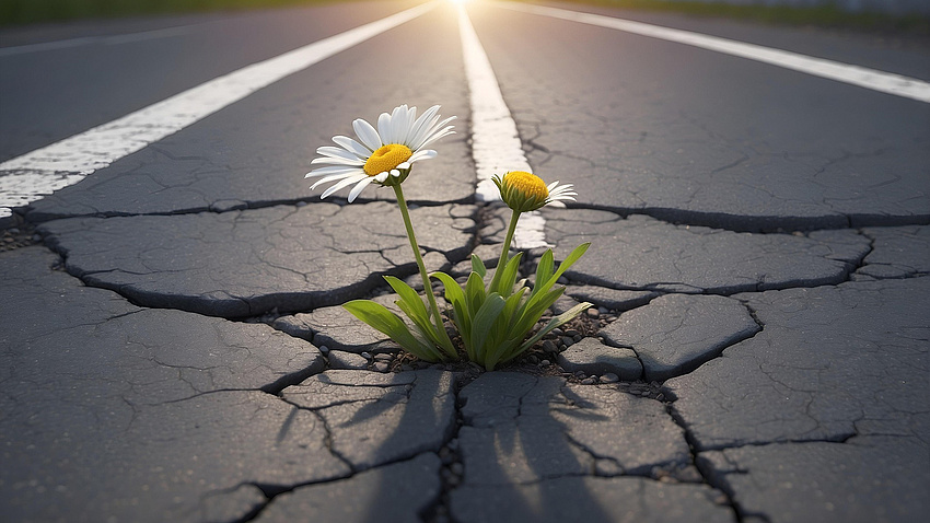 Gänseblümchen, das durch den Asphalt einer Straße wächst