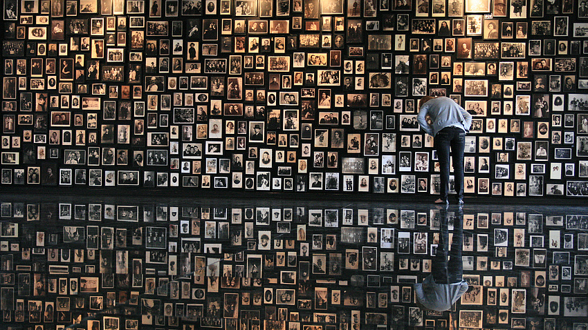 Großformatige Wand mit einzelnen Fotos. Davor steht eine Person und betrachtet die Fotos