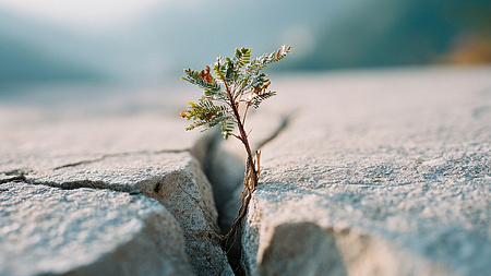 Ein Pflanze wächst aus einer Asphaltfuge
