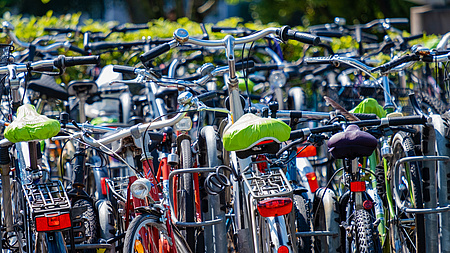 Viele Fahrräder stehen nebeneinander an einer Abstellanlage.