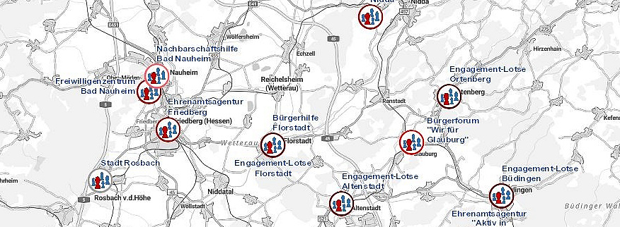 Kartenausschnitt mit gekennzeichneten Orten, an denen sich Knotenpunkte des Bürgerengagements befinden.