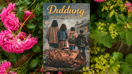 Ein Buch mit Titel Duldung liegt zwischen Blättern und pinken Blüten
