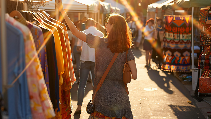 Eine junge Frau ist auf einem Markt und hält sich an einem Kleiderständer fest