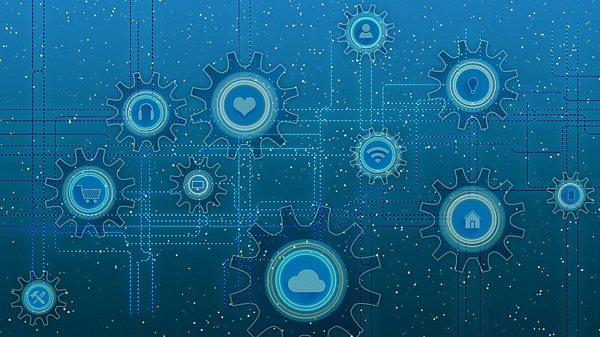 Vor einem blauen Hintergrund sind verschiedene Kreise mit Digitalisierungssymbolen durch Striche verbunden.