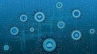 Vor einem blauen Hintergrund sind verschiedene Kreise mit Digitalisierungssymbolen durch Striche verbunden.