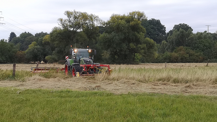 Ein Traktor bei der Wiesenmahd auf dem Grünland.