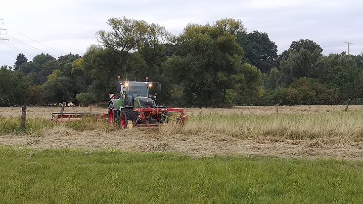 Ein Traktor bei der Wiesenmahd auf dem Grünland.