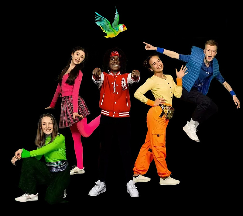 5 tanzende Kinder und ein bunter Papagei