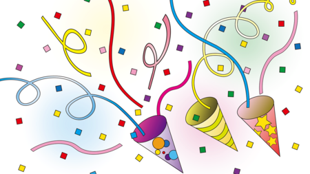 Bunte spitze Papiertüten mit Konfetti und Luftschlagen