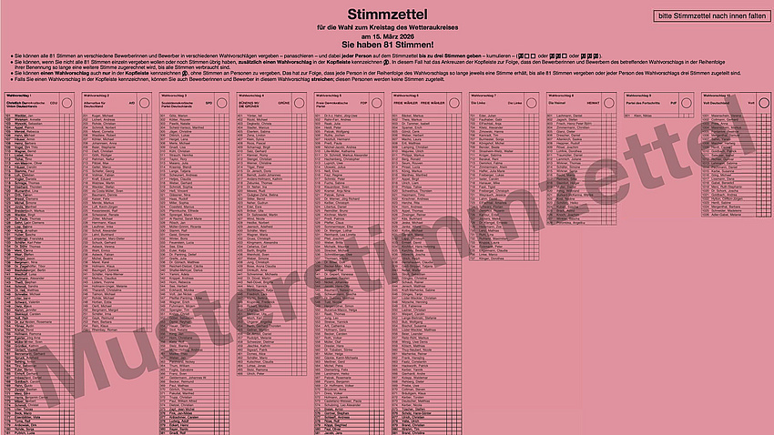 Musterstimmzettel zur Kreiswahl mit zehn verschiedenen Listen und