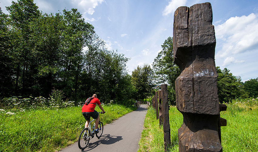 Ein Mann fährt Fahrrad auf einem asphaltierten Weg, der durch eine Wiese führt. Links sind Bäume, rechts balkenförmiger Sklulpturen entlang des Weges.