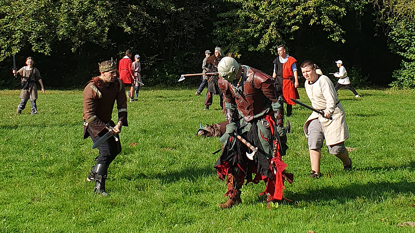 Eine Gruppe von Jungen in mittelalterlicher Gewandung auf einer Wiese.