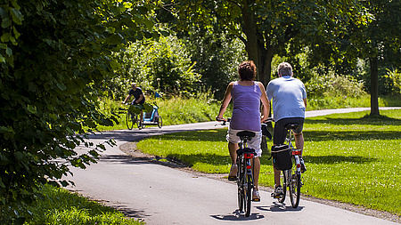 Zwei Personen auf dem Fahrrad. Sie sind von hinten zu sehen. Ihnen kommt ein Radler mit einem Anhänger entgegen. Der Radweg verläuft in einem parkähnlichen Geländen mit Rasen und Bäumen.