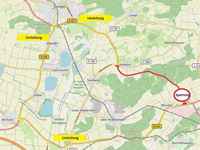 Eine geografische Karte zeigt die Umleitungsstrecke für eine Straßensperrung im Niddaer Stadtteil Harb an.