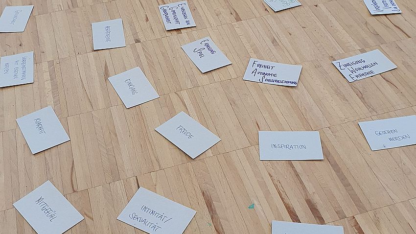 Zettel mit verschiedenen draufgeschriebenen Begriffen liegen auf einem Holzfußboden.