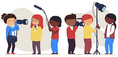 Zeichnung von sechs Personen mit Kameras und Mikrophonenen.