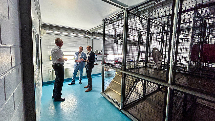 Drei Männer stehen vor einem Käfig mit mehreren Abteilungen und sind im Gespräch miteinander.