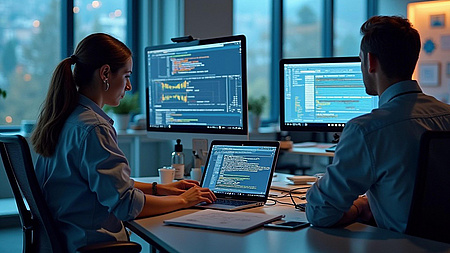 Eine Frau und ein Mann sitzen in einem Büro vor Computer-Bildschirmen. Im Hintergrund ist eine Fensterfront zu sehen.