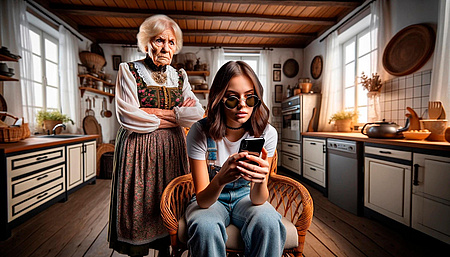 Eine Erziehende steht hinter ihrem jungen erwachsenen Kind. Das Kind schaut ignorant in das Mobiltelefon. Fotoquelle: Pixabay