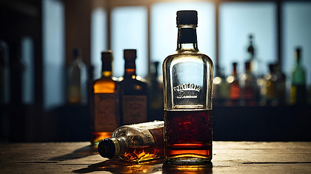 Alkoholflaschen im Halbdunkel.