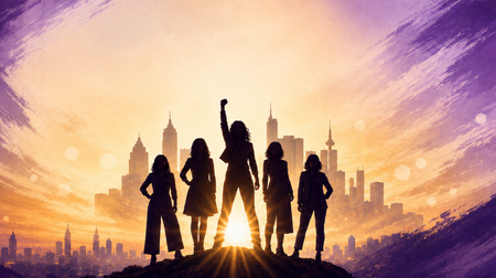 fünf Schatten von Frauen stehen vor einer Skyline, die vordere hebt den rechten Arm (Stärke)