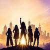 fünf Schatten von Frauen stehen vor einer Skyline, die vordere hebt den rechten Arm (Stärke)