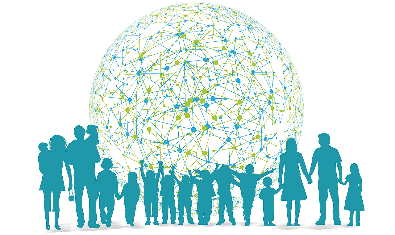 Bild von verschiedenen Familienmitgliedern vor einer Art Netzwerkkugel (symbolisch)