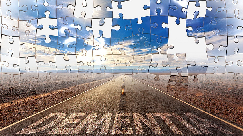Auf dem Bild, das in Form eines Puzzles gestaltet ist, sieht man eine Straße, die in einer wüstenartigen Landschaft schnurgerade zum Horizont verläuft. Am unteren Bildausschnitt ist das Wort Dementia zu lesen, während bereits einige der Puzzleteile fehlen.