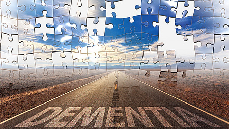 Auf dem Bild, das in Form eines Puzzles gestaltet ist, sieht man eine Straße, die in einer wüstenartigen Landschaft schnurgerade zum Horizont verläuft. Am unteren Bildausschnitt ist das Wort Dementia zu lesen, während bereits einige der Puzzleteile fehlen.