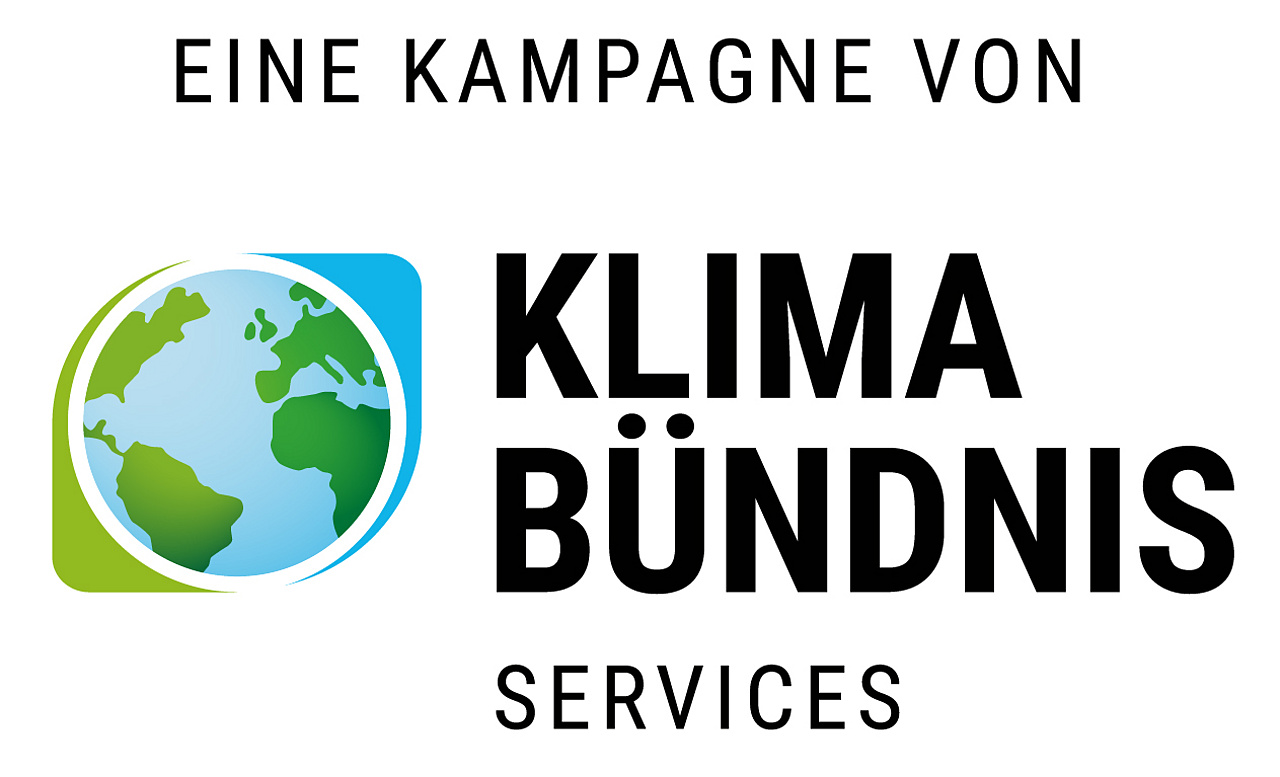 Weltkugel grün blau mit Schriftzug: Eine Kampagne von Klima Bündnis Service