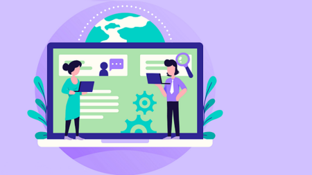 Zeichnung eines Laptops. Zwei Personen stehen darauf. Hintergrund violett.