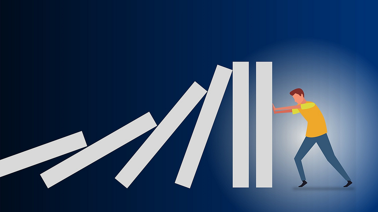 Zeichnung eines Mannes, der sich gegen fallende Säulen stemmt.