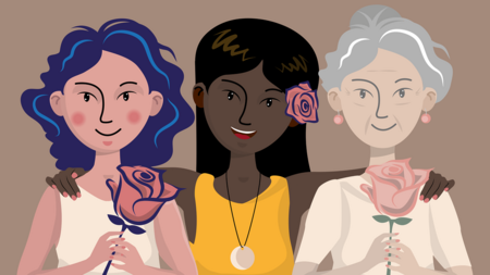 Zeichnung dreier Damen verschiednen Alters und Nationalität mit Rosen