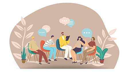 Zeichnung von verschiedenen Menschen die im Kreis sitzen, die auf Stühlen sitzen und über denen Sprechblasen zu sehen sind.