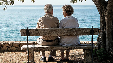 Ein älteres Pärchen sitzt auf einer Bank in der Natur