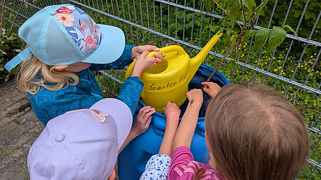 Drei Kinder, eines von ihnen mit einer Gießkanne in der Hand, gießen einen jungen Baum.