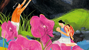 ein gemaltes Bild von zwei Frauen umgeben von pinken Blüten