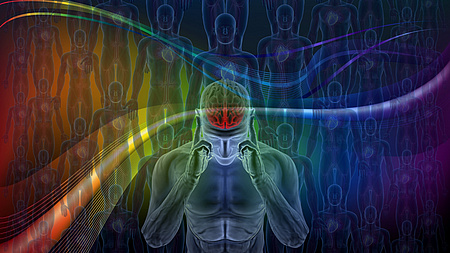 Ein Mensch hält sich  die Ohren zu. Das Gehirn ist rot abgebildet. Es erscheint so, als wäre er mit den Eindrücken, die auf ihn zukommen, überforder.otoquelle: brain auf Pixabay