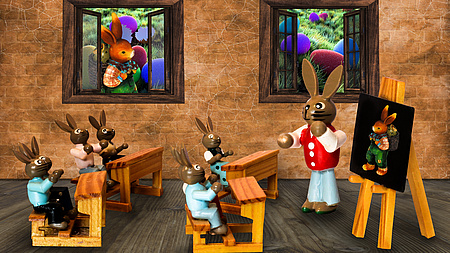 Foto: Gerhard C. auf pixabay. Das Bild zeigt einen klassenraum mit Hasen als Schüler und Lehrer in einer Unterrichtsstunde.