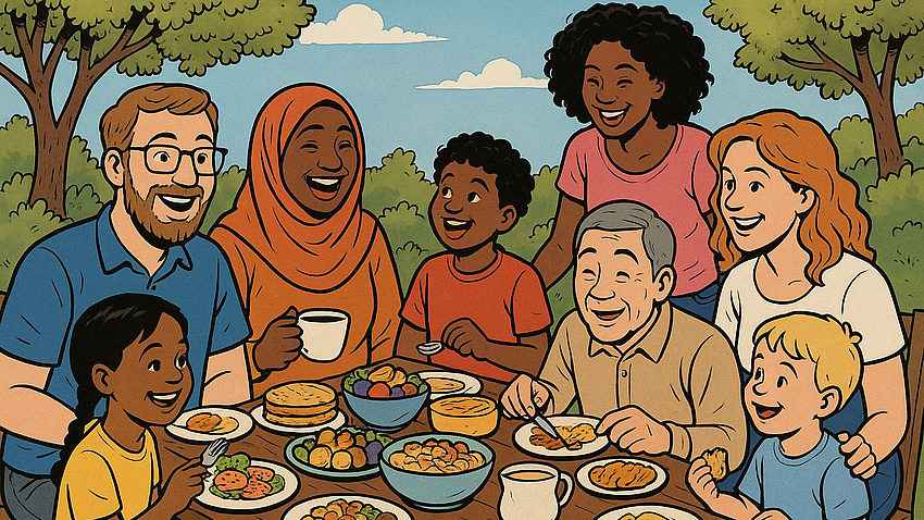 gemaltes Bild mit Menschen verschiedenen Alters und Nationalitäten