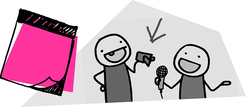 Meine Ausbildung - Du führst Regie | Hessischer Rundfunk Strichzeichnung eines Abreißkalenders und zwei Strichmenschen, die ein Interview miteinander führen.